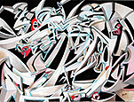Jochen Bauer | Moderne Kunst | Künstler | Maler | Malerei | intuitive Malerei | abstrahierter Surrealismus | Bild Nr. 47 Objekte im Raum | Tusche / Tempera auf Aquarellpapier | 36x48 cm