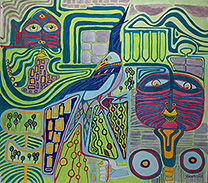 Jochen Bauer | Moderne Kunst | Künstler | Maler | Malerei | intuitive Malerei | abstrahierter Surrealismus | Bild Doppelportrait mit Vogel | Tempera auf Aquarellpapier | 47x54 cm