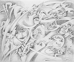 Jochen Bauer | Moderne Kunst | Künstler | Maler | Malerei | Collagen | Bild Nr. 84 | Almabtrieb in Zunsin | Bleistift auf Aquarellkarton | 38x43 cm